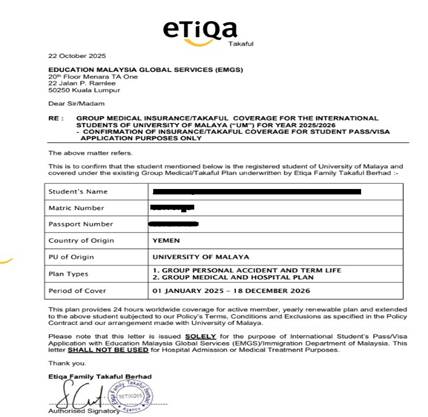 Example of Etiqa Takaful insurance cover note